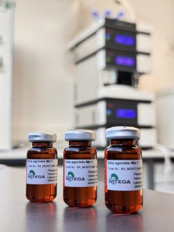 WITEGA Beta Agonists Mix 1 Reference Standard (BA_MIX017-AMP) in laboratory vials. Multicomponent solution for residue analysis.