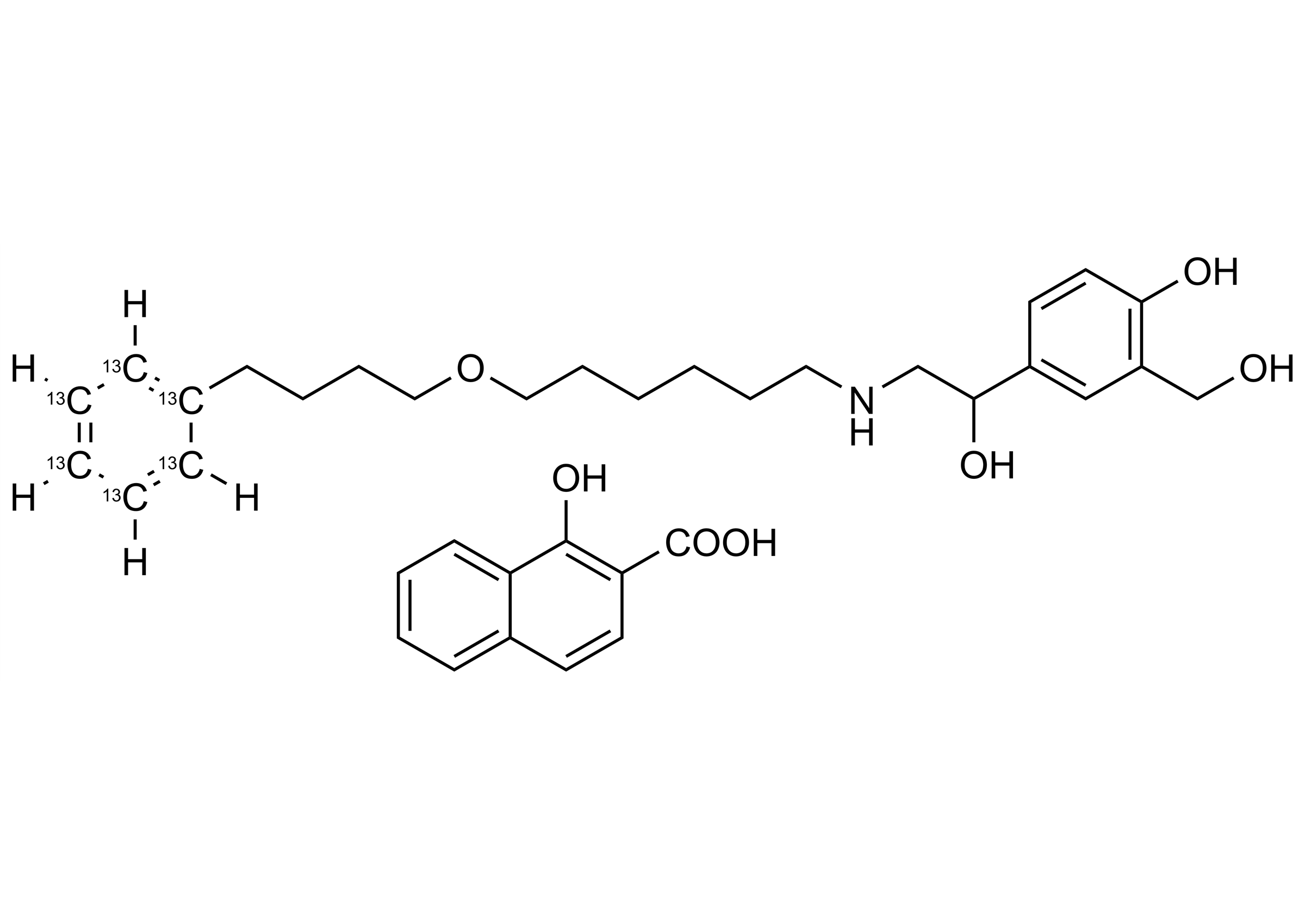 Salmeterol 13C6 xinafoate Reference Standard Structure Salmeterol 13C6 xinafoate reference standard molecular structure for LC-MS/MS quantification