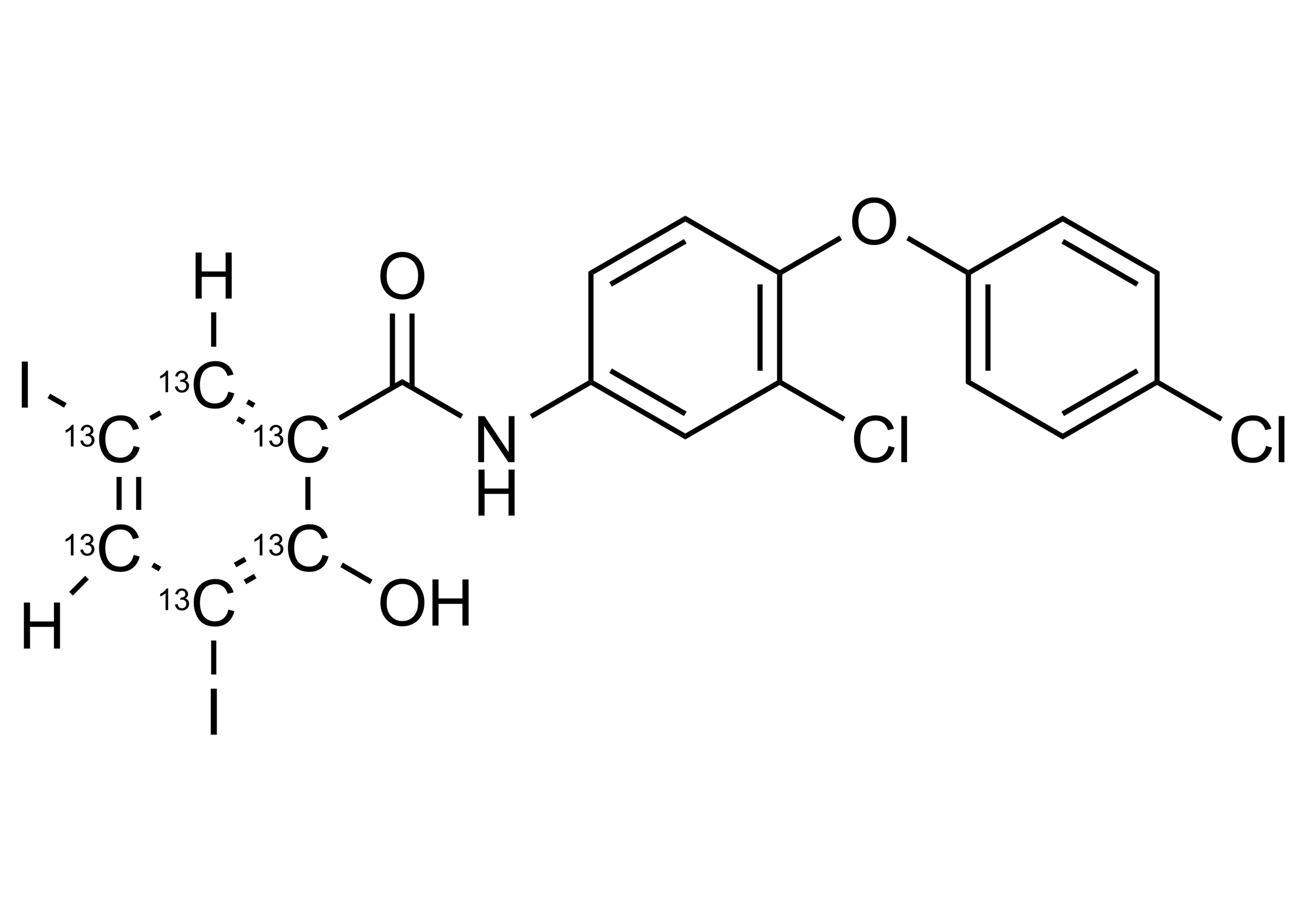 Rafoxanide-13C6 Reference Standard Molecular Structure - WITEGA Laboratorien Berlin-Adlershof GmbH Rafoxanide-13C6 reference standard molecular structure for LC-MS/MS and GC-MS calibration