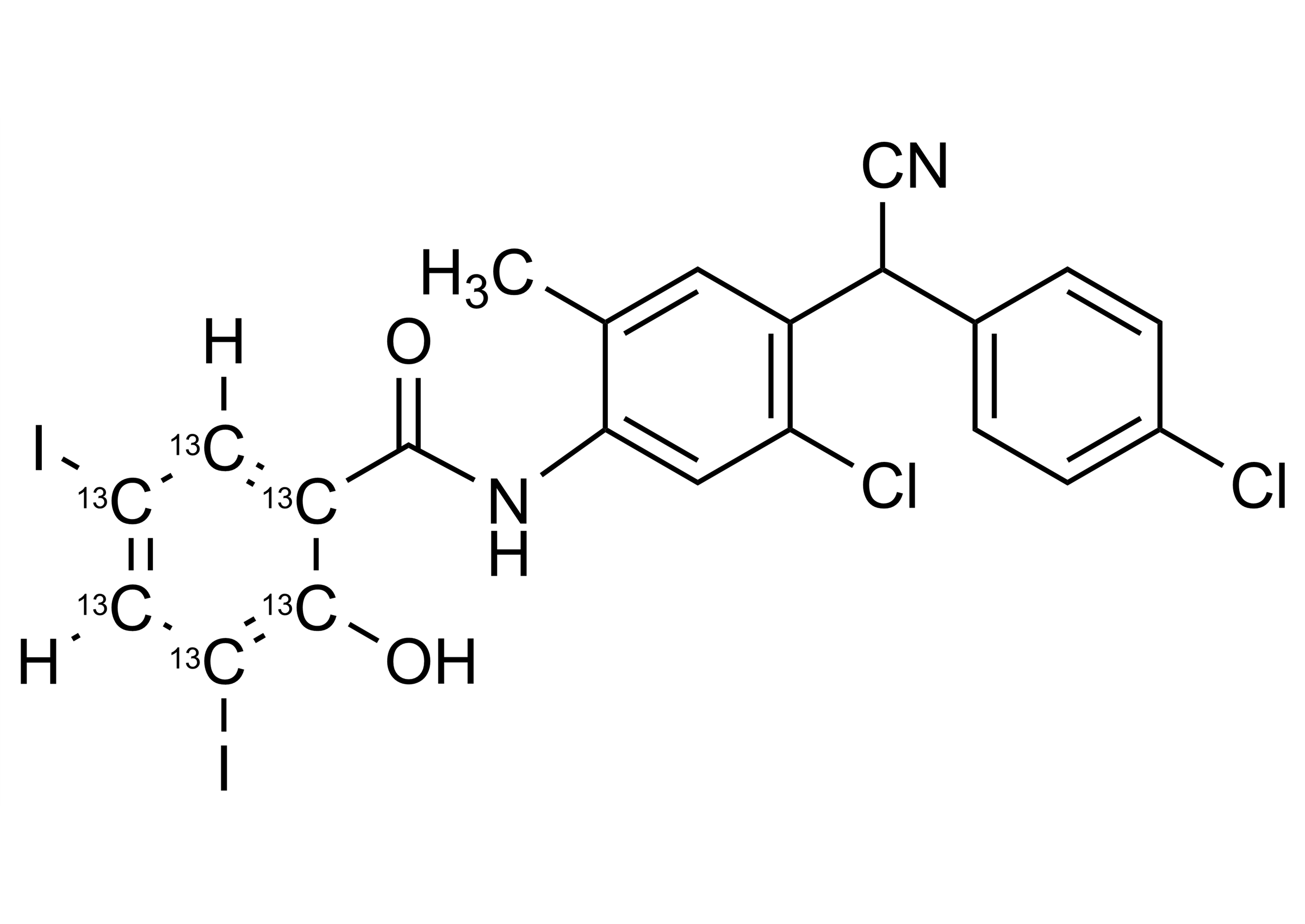 Closantel-13C6 Reference Standard Molecular Structure Closantel-13C6 reference standard molecular structure for LC-MS/MS and GC-MS