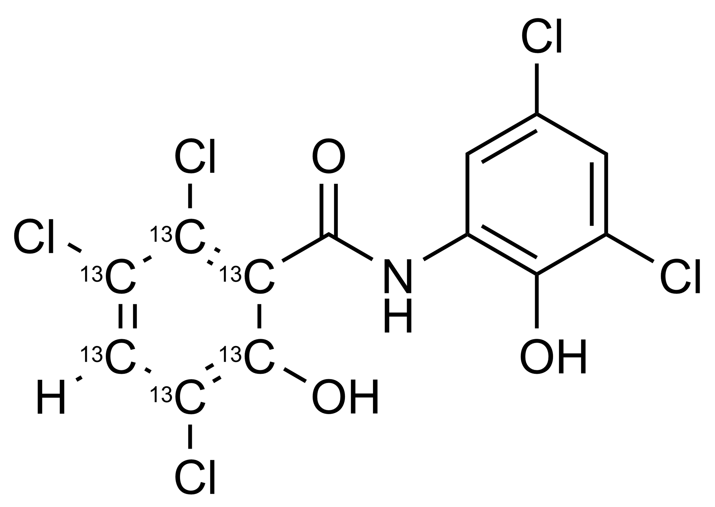 Oxyclozanid-13C6 Reference Standard Structure - WITEGA Oxyclozanid-13C6 reference standard molecular structure for LC-MS/MS and GC-MS calibration