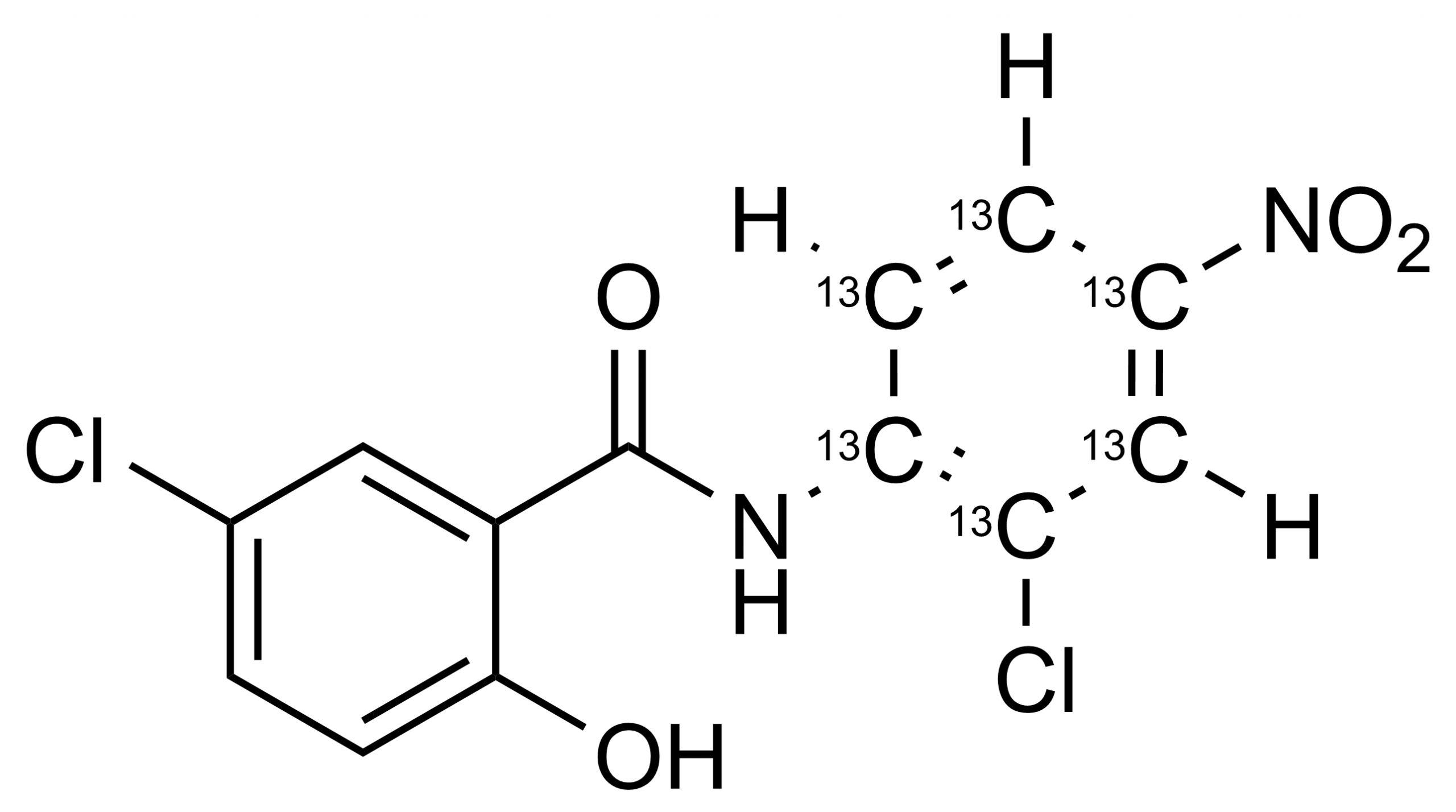 Molecular structure of Niclosamide-13C6 reference standard for LC-MS/MS and GC-MS calibration by WITEGA Laboratorien Berlin-Adlershof GmbH