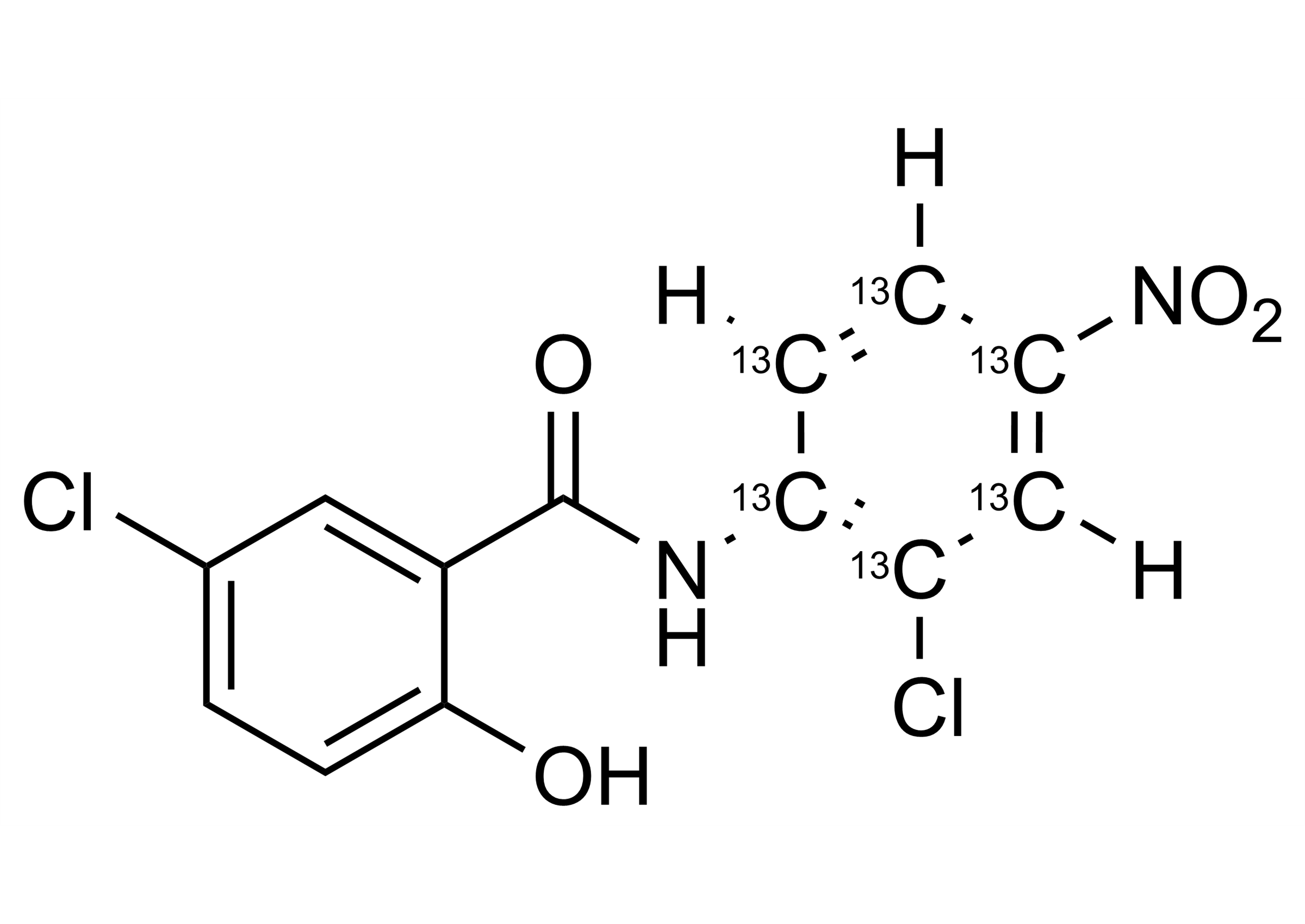 Niclosamide-13C6 Reference Standard Molecular Structure for LC-MS/MS Calibration Molecular structure of Niclosamide-13C6 reference standard for LC-MS/MS and GC-MS calibration by WITEGA Laboratorien Berlin-Adlershof GmbH