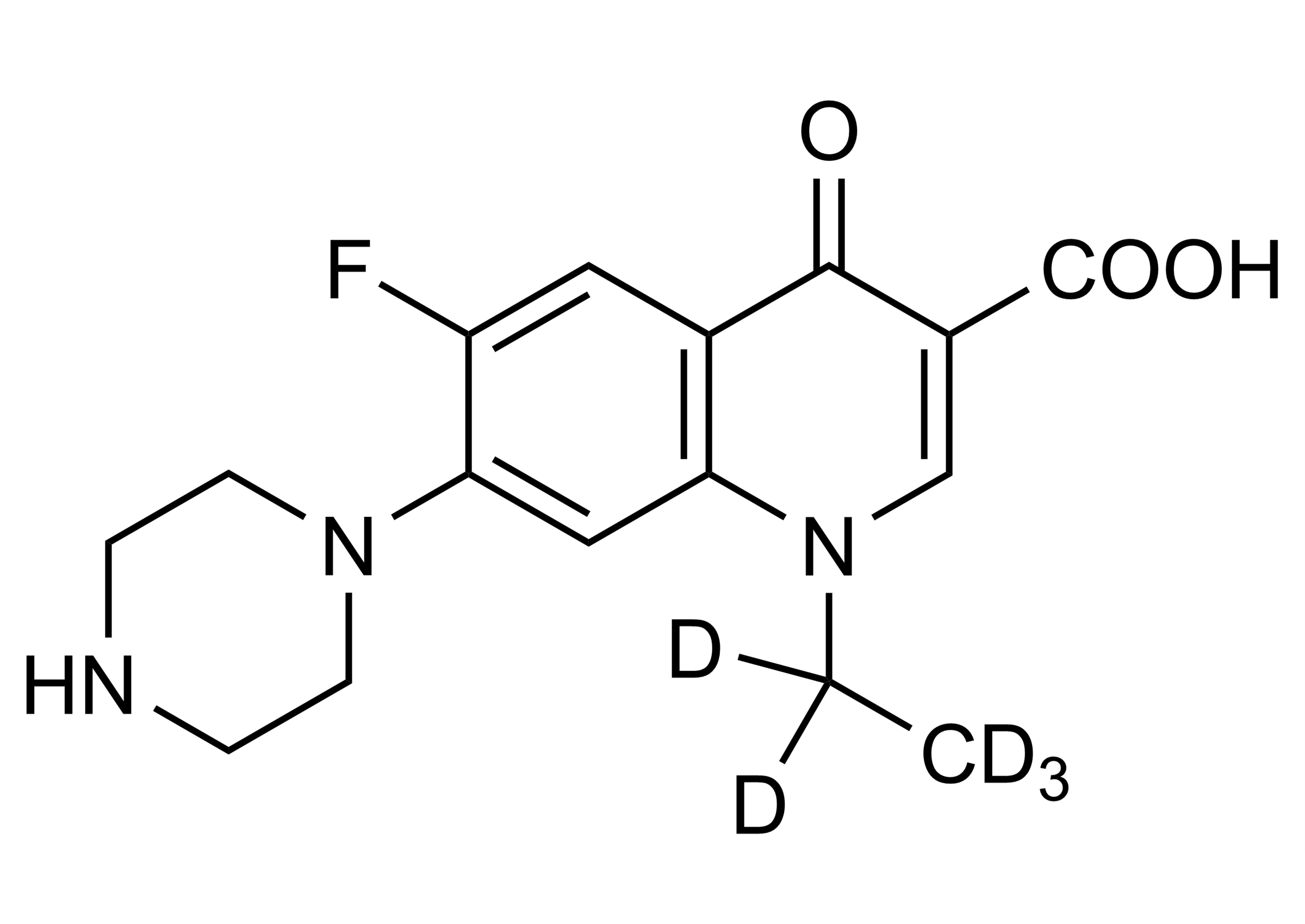 Norfloxacin D5 Reference Standard Structure Molecular structure of Norfloxacin D5 reference standard for LC-MS/MS and GC-MS