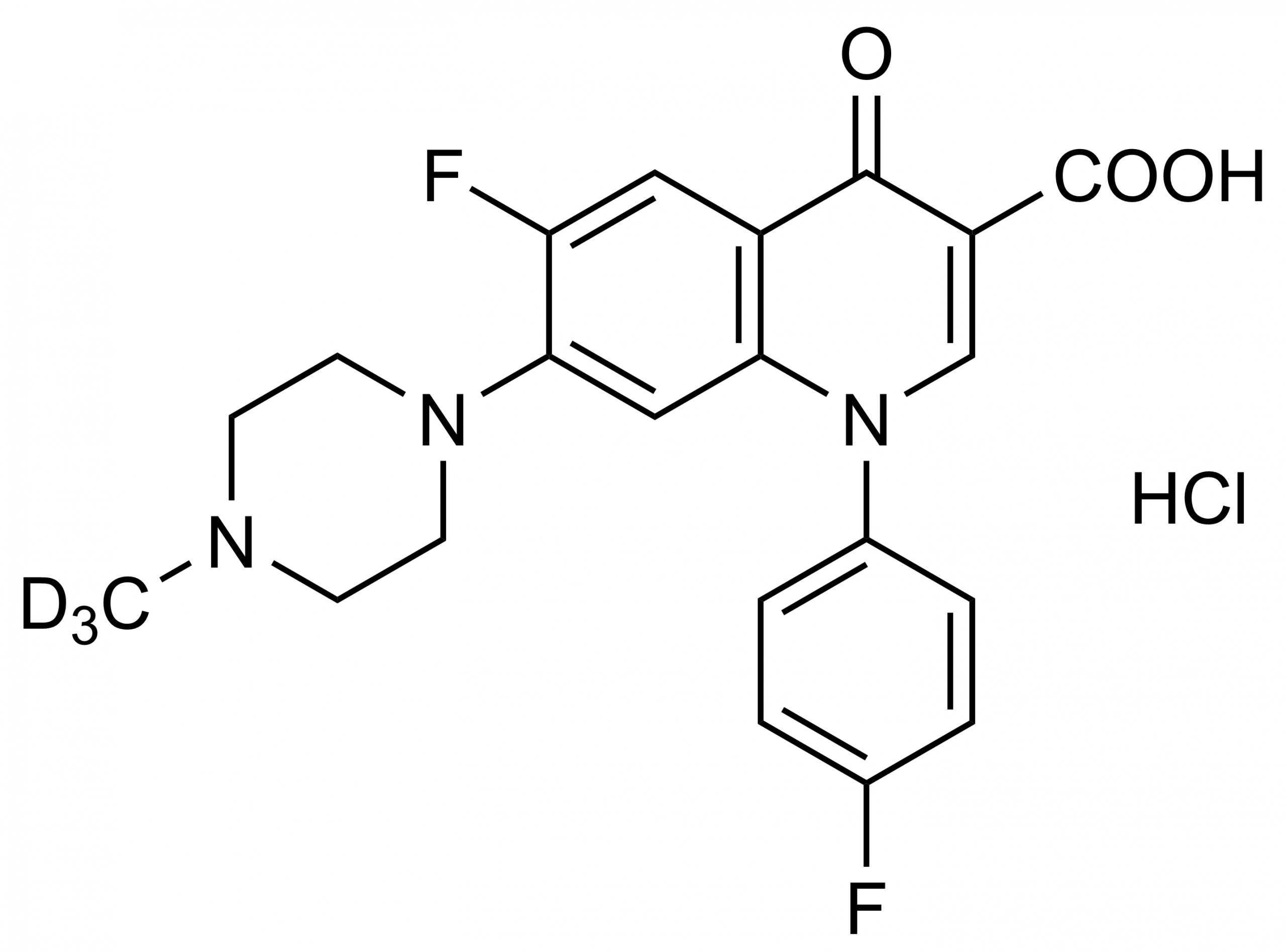 Difloxacin-D3 hydrochloride Reference Standard Molecular Structure Molecular structure of Difloxacin-D3 hydrochloride reference standard for LC-MS/MS and GC-MS calibration
