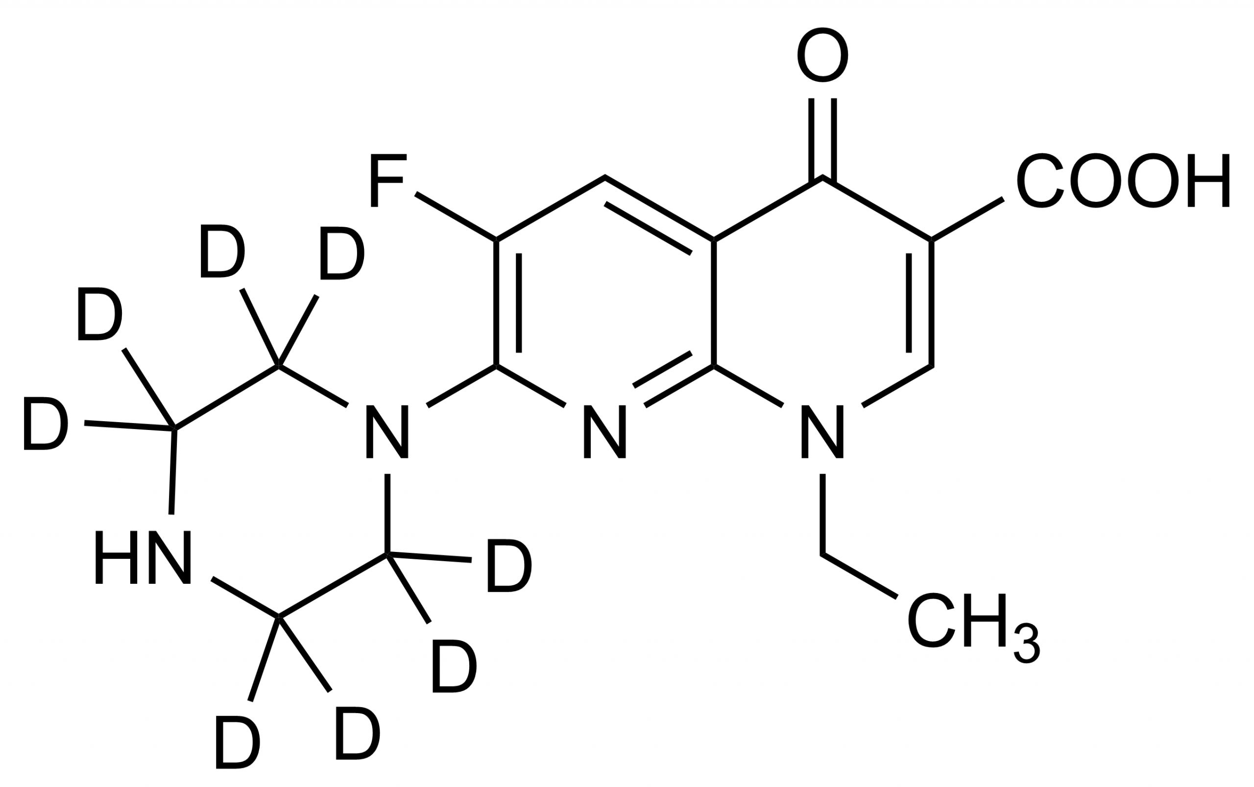 Enoxacin D8 trihydrate Reference Standard Structure Molecular structure of Enoxacin D8 trihydrate reference standard for LC-MS/MS and GC-MS