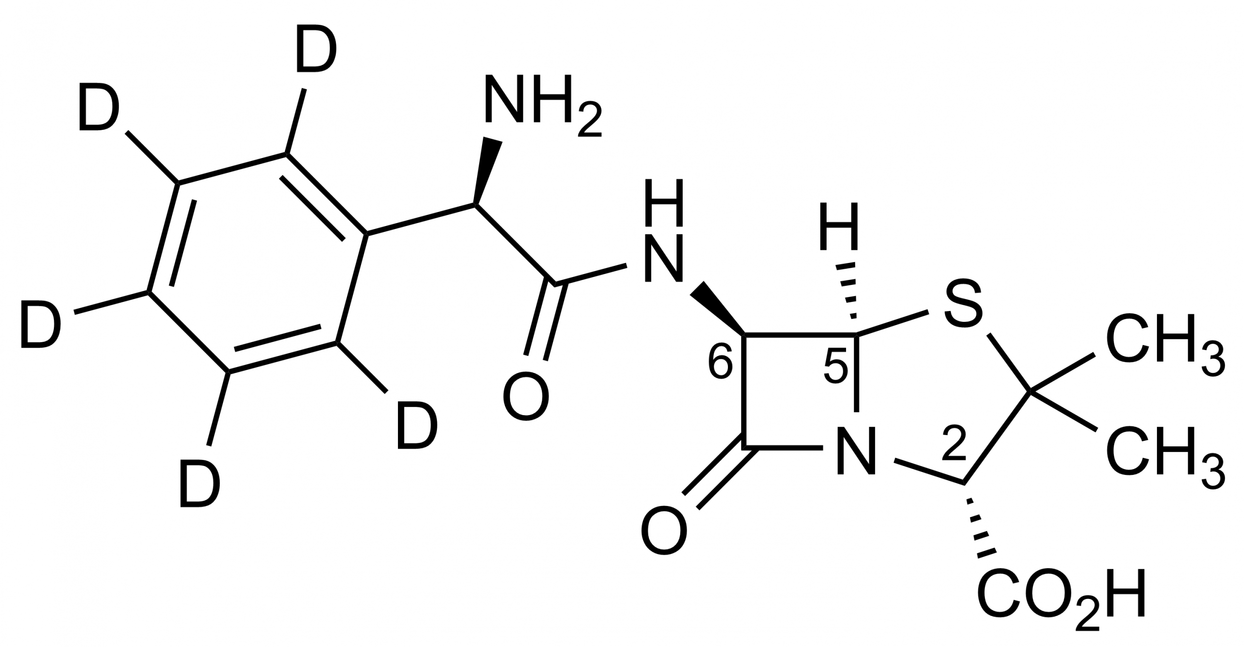 Ampicillin D5 reference standard molecular structure image Molecular structure of Ampicillin D5 reference standard for LC-MS/MS and GC-MS