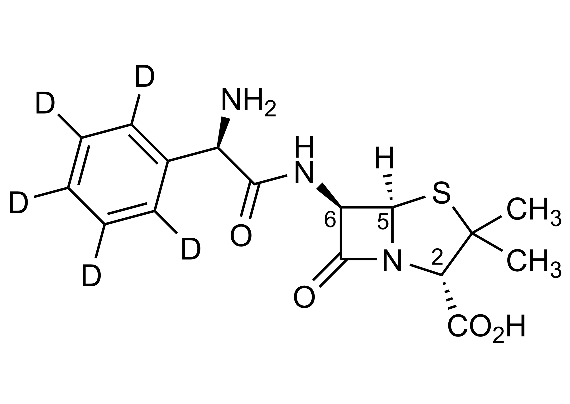 Ampicillin D5 reference standard molecular structure image Molecular structure of Ampicillin D5 reference standard for LC-MS/MS and GC-MS