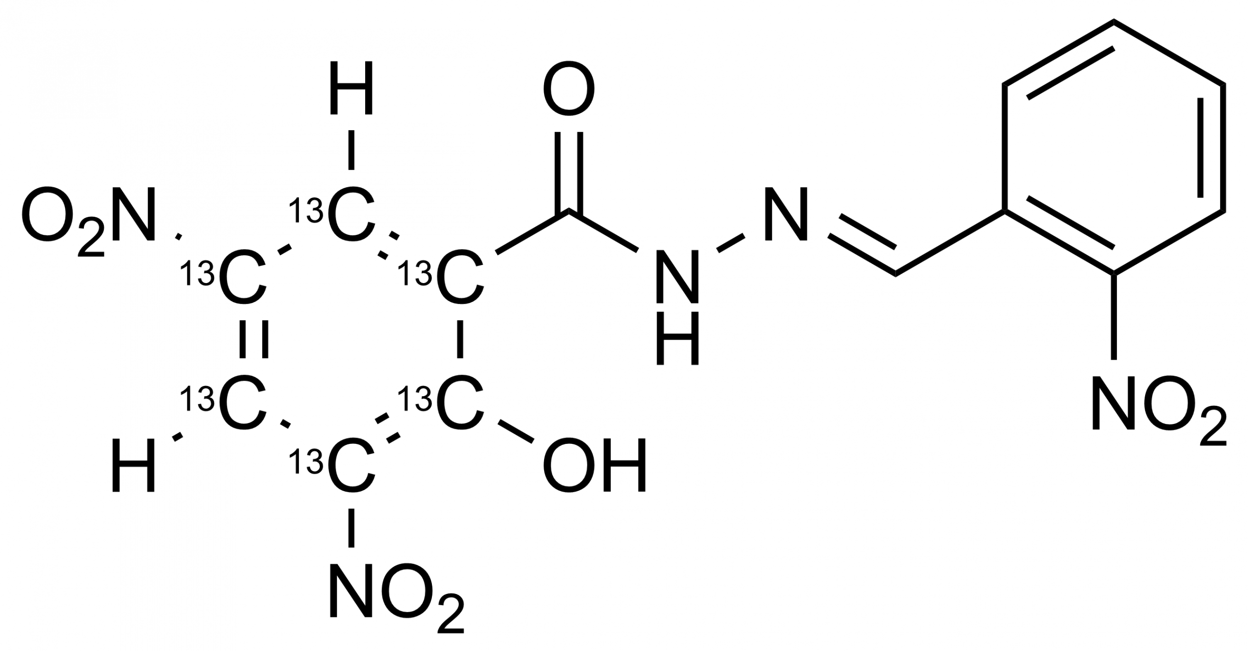 Molecular structure of 2-NP-DNSAH-13C6 reference standard for LC-MS/MS and GC-MS nitrofuran analysis by WITEGA Laboratorien Berlin-Adlershof GmbH