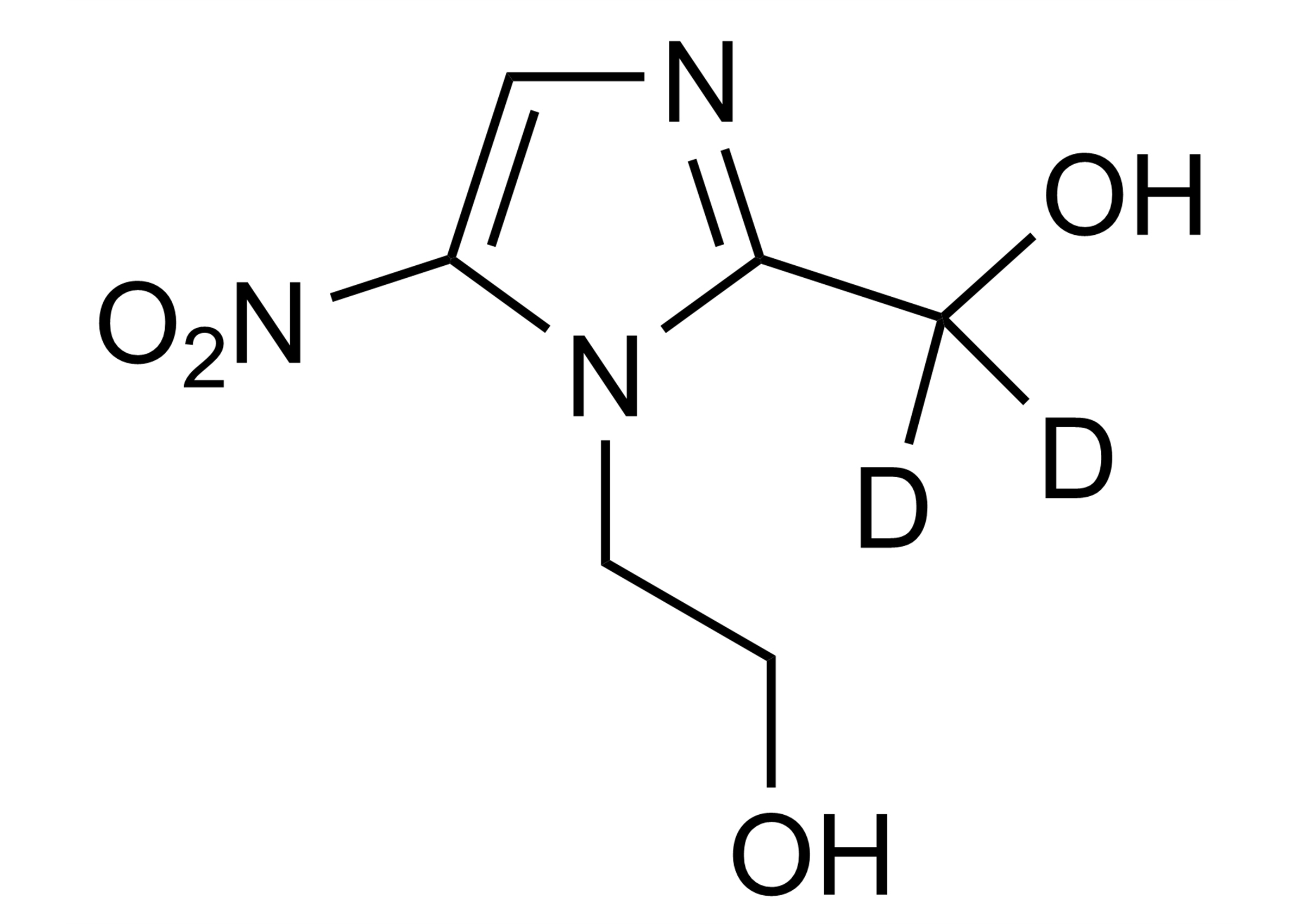 Metronidazole-OH-D2 ISO 17034 Reference Standard Molecular Structure Molecular structure of Metronidazole-OH-D2 ISO 17034 reference standard CAS 2196180-19-3 for LC-MS/MS and GC-MS calibration