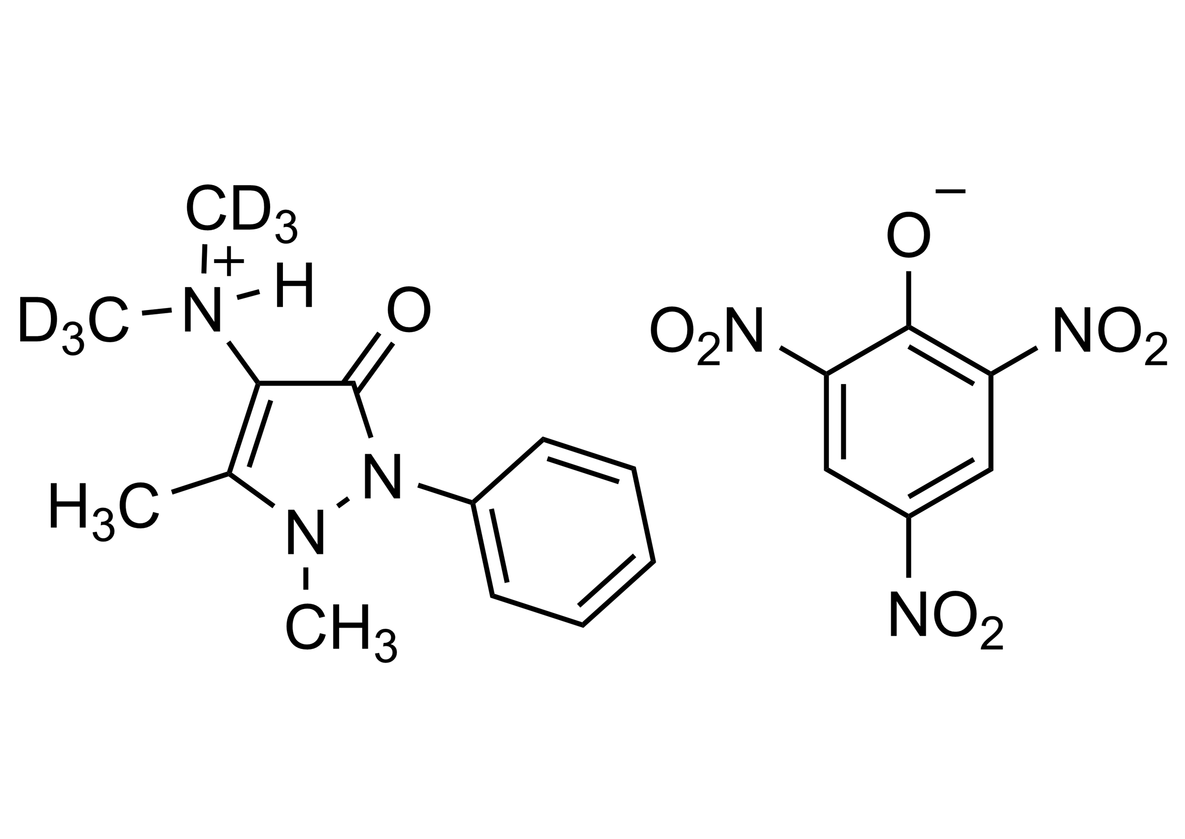 Aminophenazone-D6 picrate Reference Standard Structure Molecular structure of Aminophenazone-D6 picrate deuterated reference standard for LC-MS/MS and GC-MS quantification