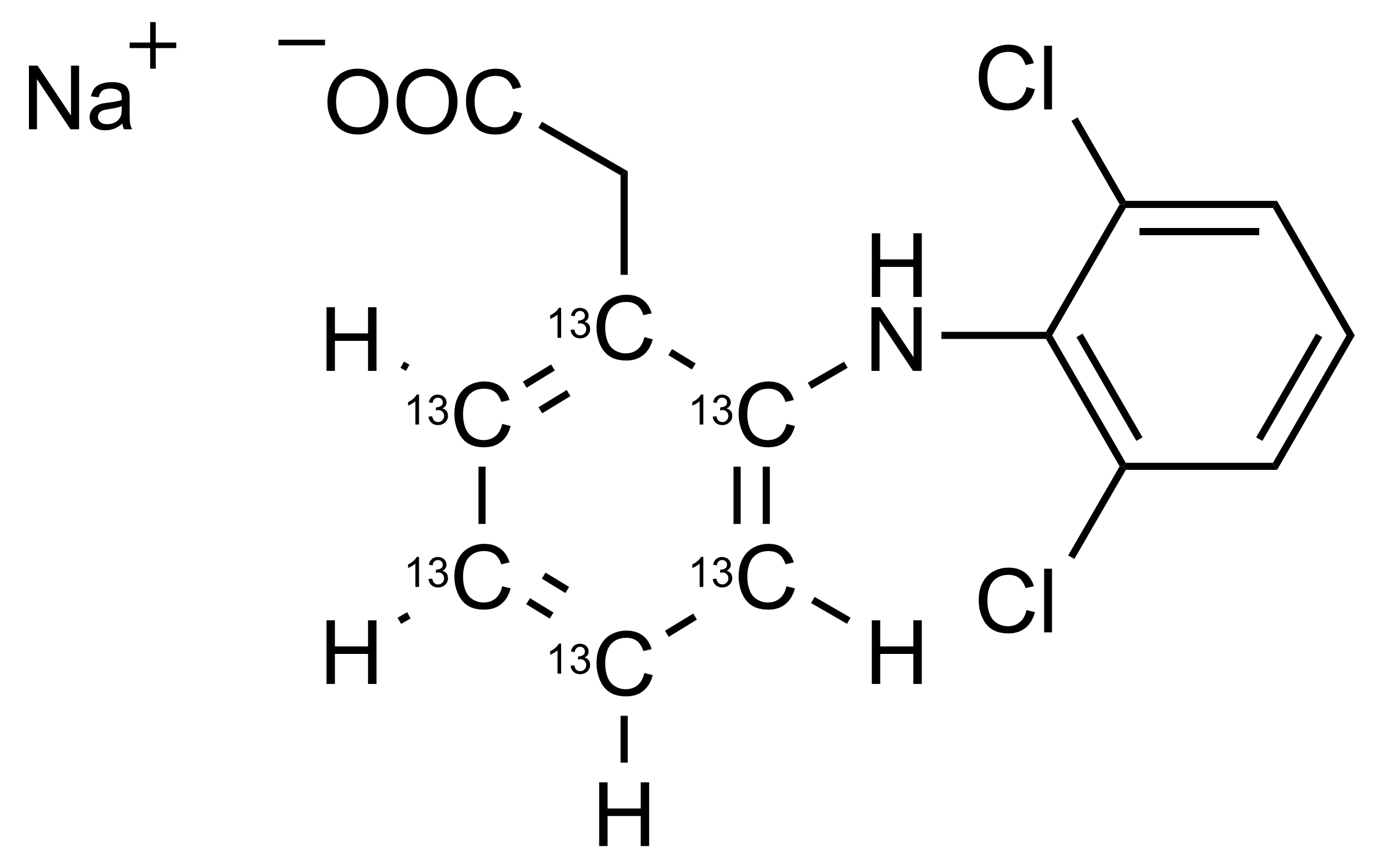 Diclofenac 13C6 Na Reference Standard Structure Diclofenac 13C6 Na reference standard molecular structure for LC-MS/MS and GC-MS quantification