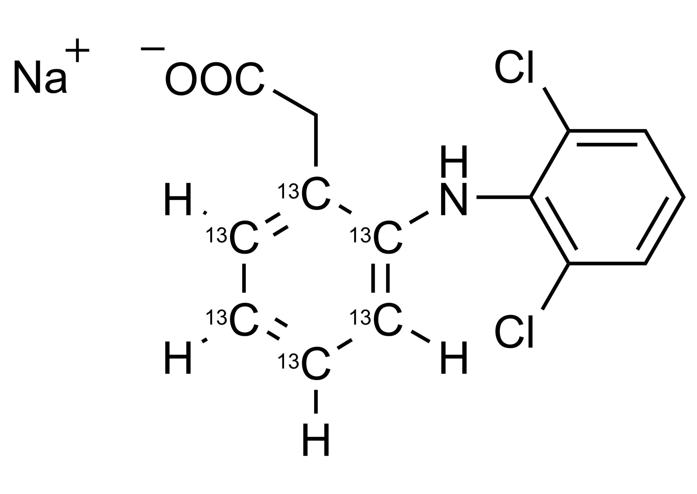 Diclofenac 13C6 Na Reference Standard Structure Diclofenac 13C6 Na reference standard molecular structure for LC-MS/MS and GC-MS quantification