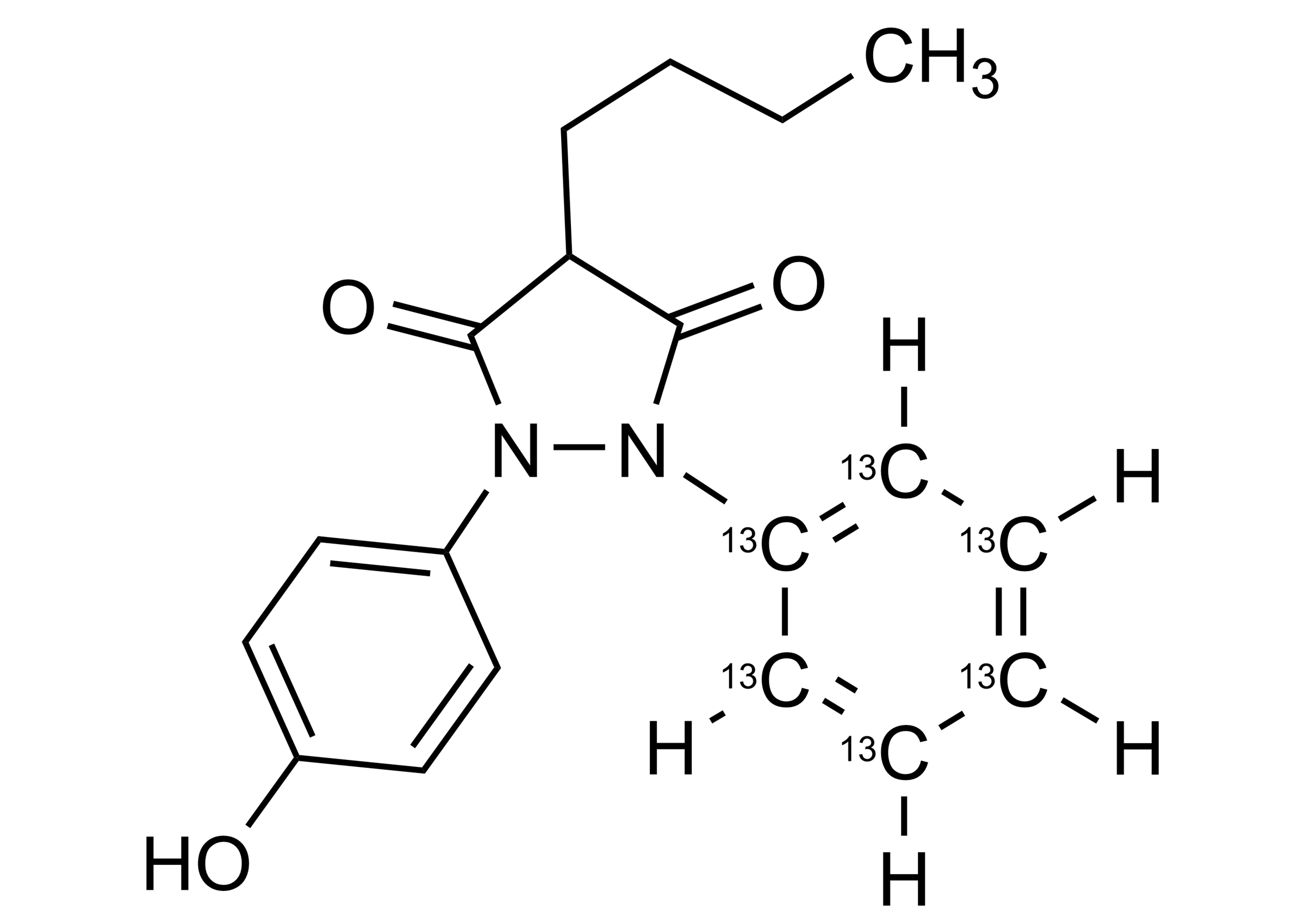 Oxyphenbutazone-13C6 Reference Standard Molecular Structure Oxyphenbutazone-13C6 molecular structure reference standard for LC-MS/MS and GC-MS calibration by WITEGA
