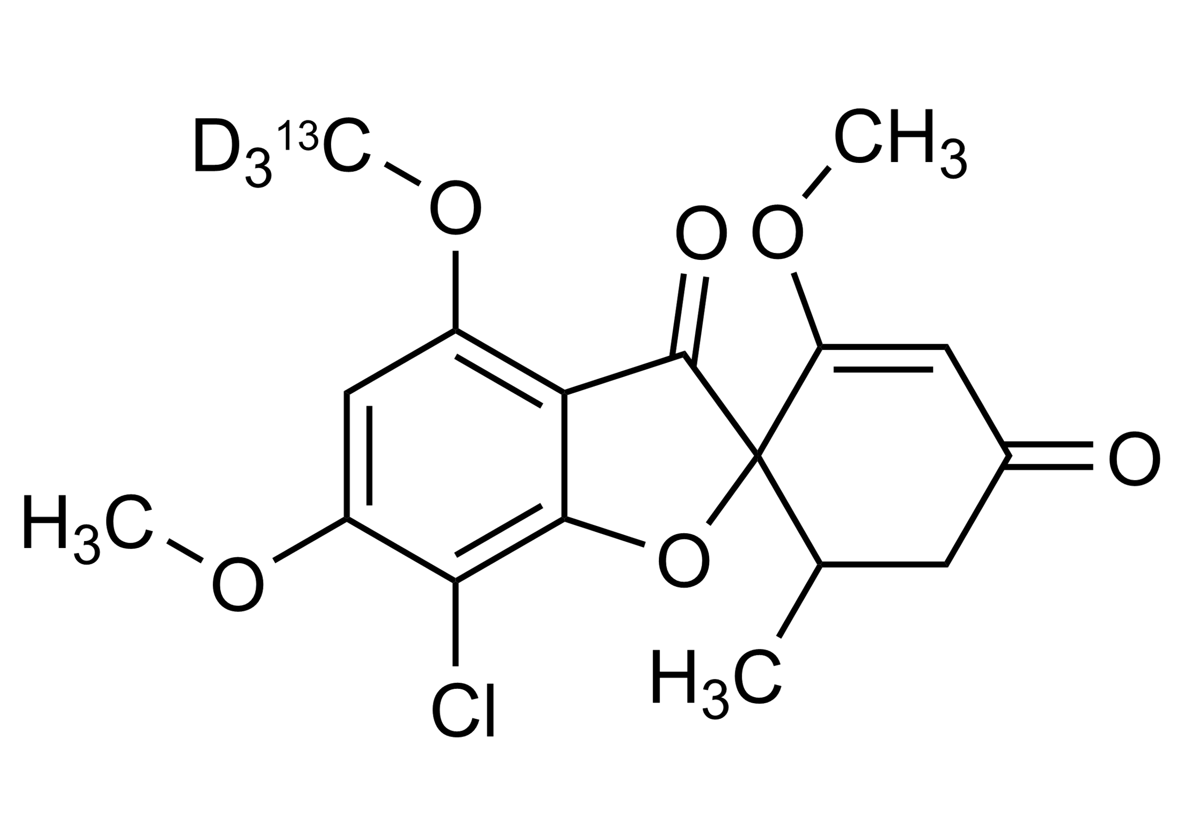 Griseofulvin-13C,D3 Reference Standard Structure Griseofulvin-13C,D3 reference standard molecular structure for LC-MS/MS and GC-MS calibration