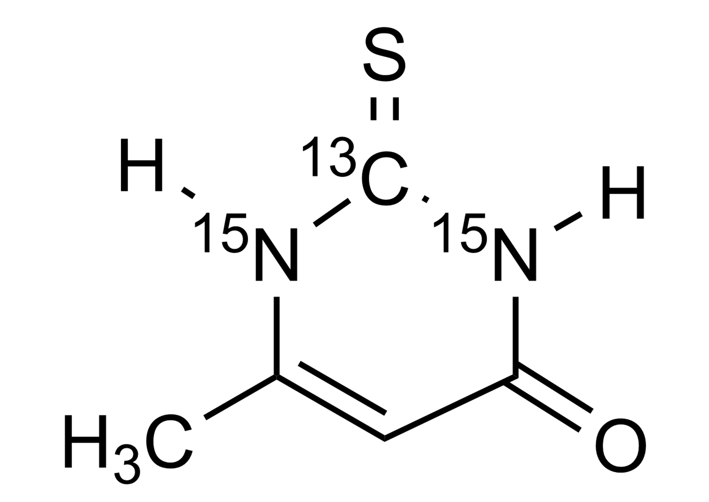 Molecular structure of 6-Methyl-2-thiouracil-13C,15N2 reference standard for LC-MS/MS and GC-MS quantification