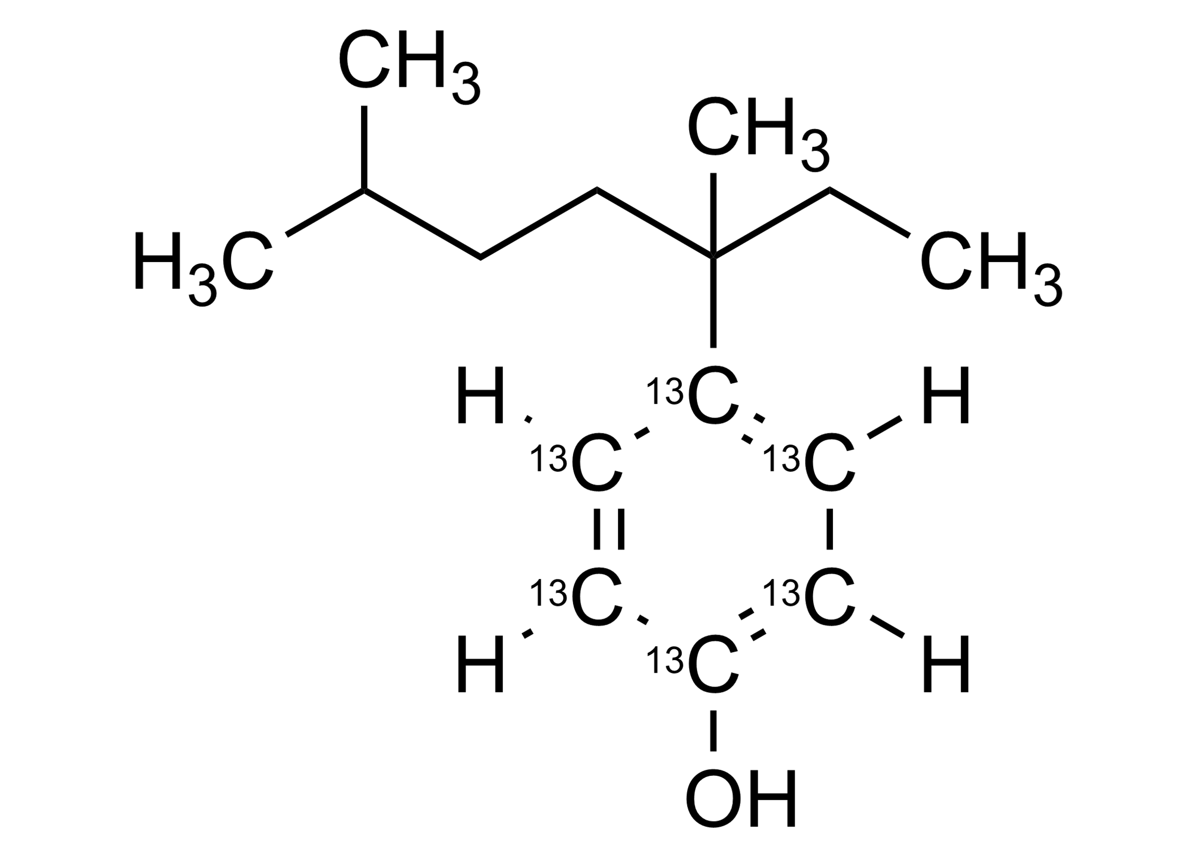 Molecular structure of 4-(3,6-Dimethyl-3-heptyl)phenol-13C6 reference standard, CAS 1173020-38-6, for LC-MS/MS and GC-MS workflows