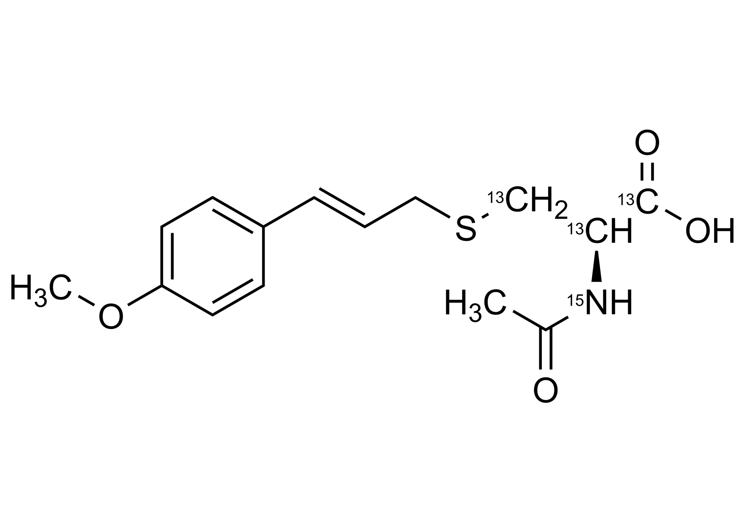 Molecular structure of Estragol N Acetylcystein 13C3 15N reference standard Estragol N Acetylcystein 13C3 15N reference standard molecular structure