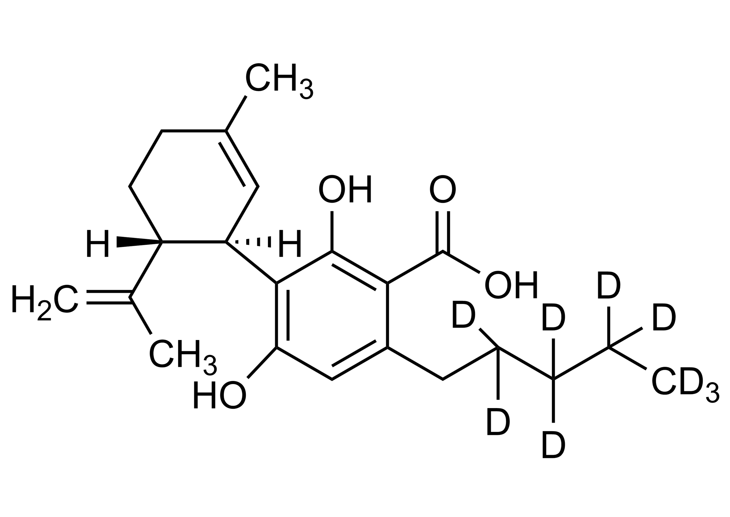 Molecular structure of Cannabidiolic acid-D9 reference standard (CAS 2512203-30-2) for LC-MS/MS and GC-MS calibration by WITEGA Laboratorien Berlin-Adlershof GmbH
