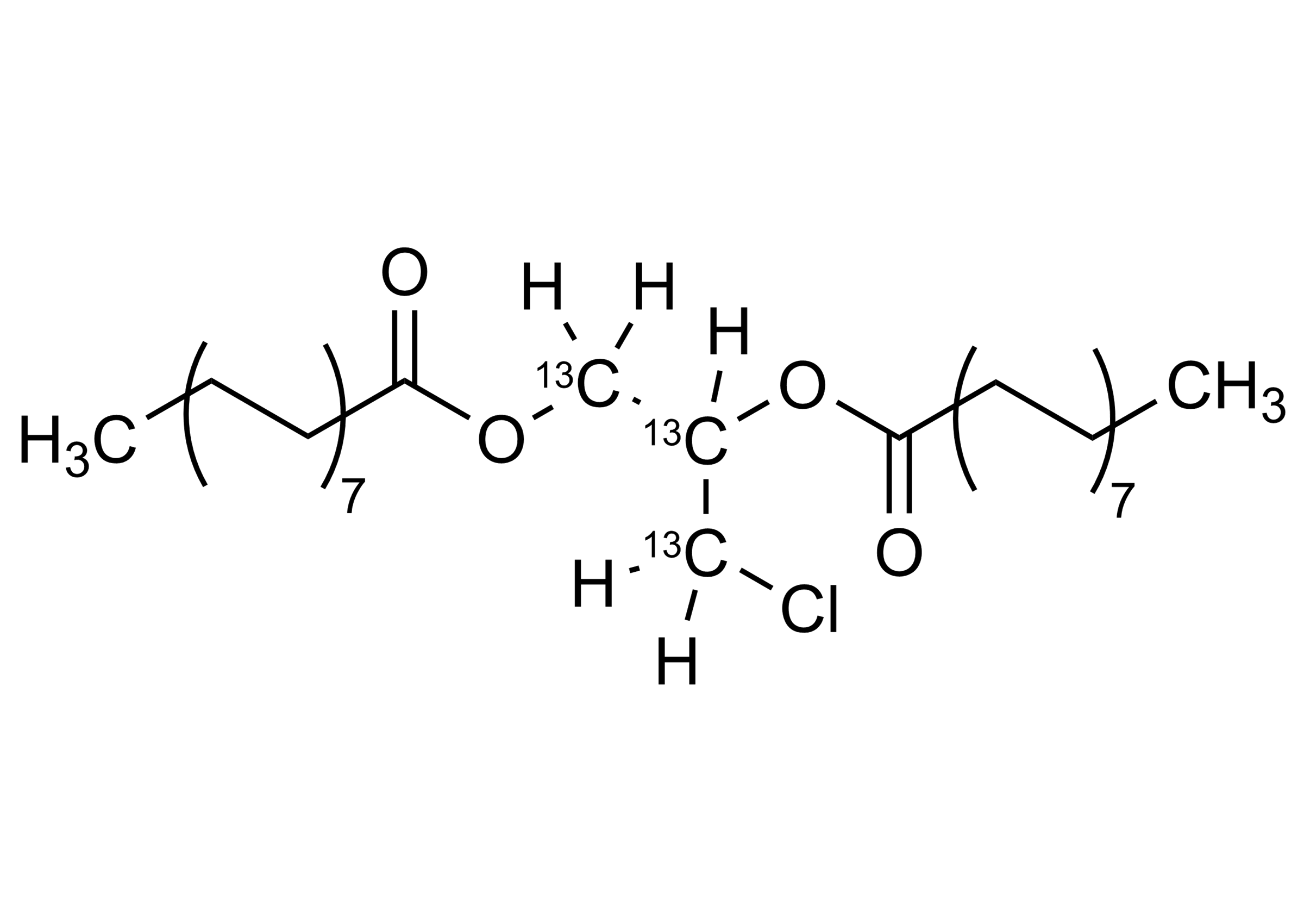 Molecular structure of 1,2-Dipalmitoyl-3-chloropropanediol-13C3 reference standard for LC-MS/MS and GC-MS quantification (CAS 2725852-72-0)
