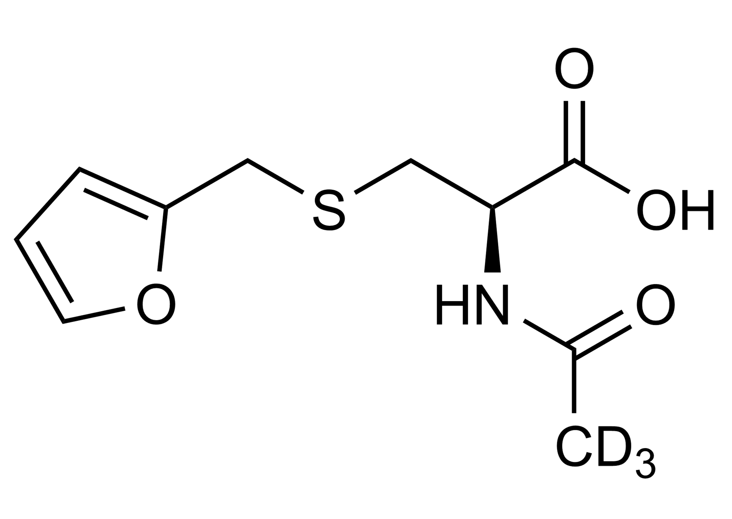 Molecular structure of N-Acetyl-D3-S-(furan-2-yl methyl)-L-cysteine FFAMA-D3 reference standard for LC-MS/MS and GC-MS calibration