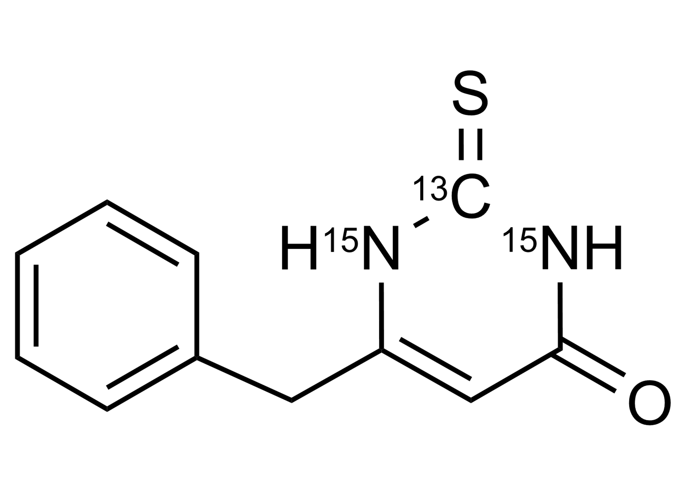 Molecular structure of 6-Benzyl-2-thiouracil-13C,15N2 reference standard for LC-MS/MS and GC-MS calibration