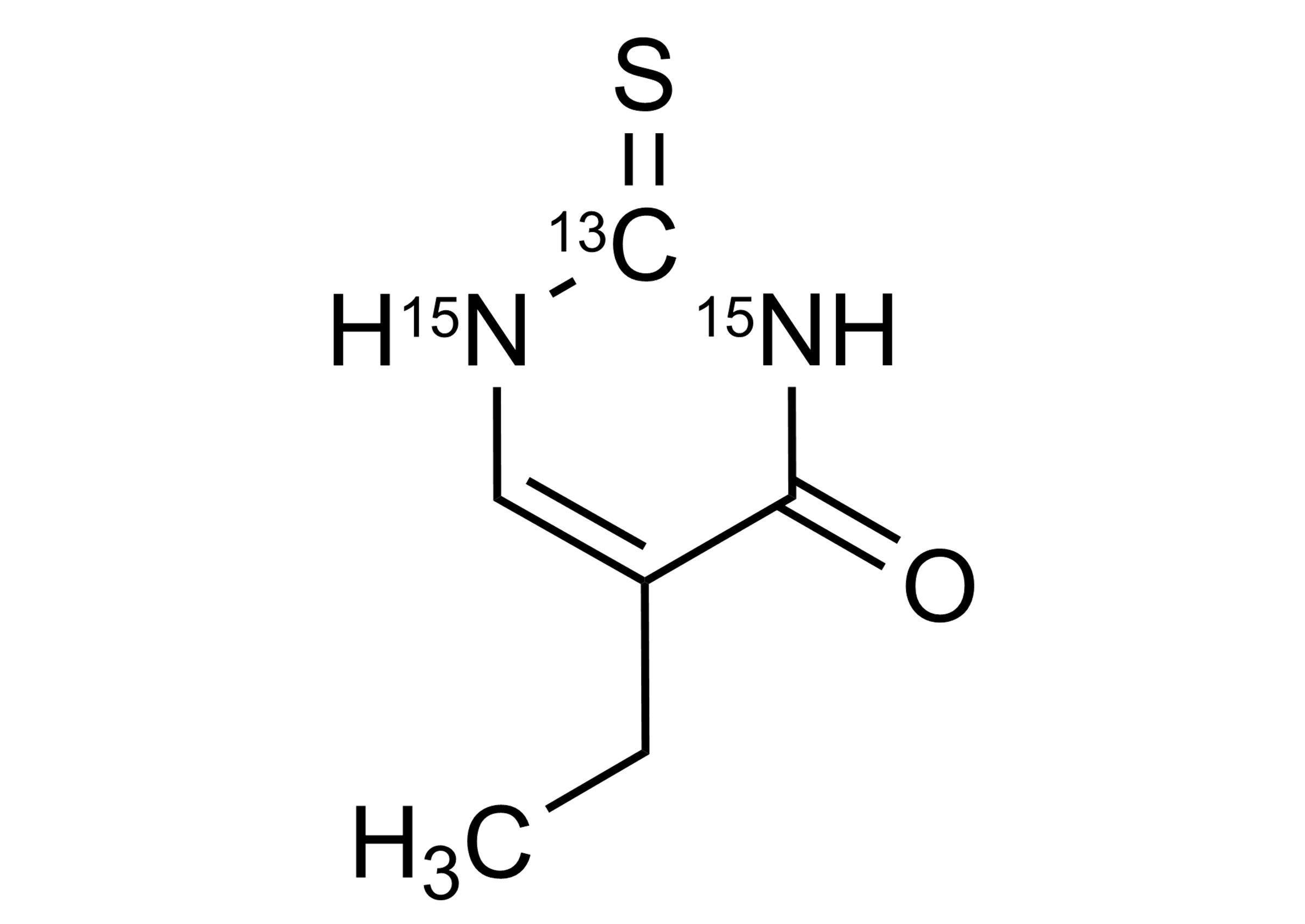 Molecular structure of 5-Ethyl-2-thiouracil-13C,15N2 reference standard for LC-MS/MS and GC-MS quantification