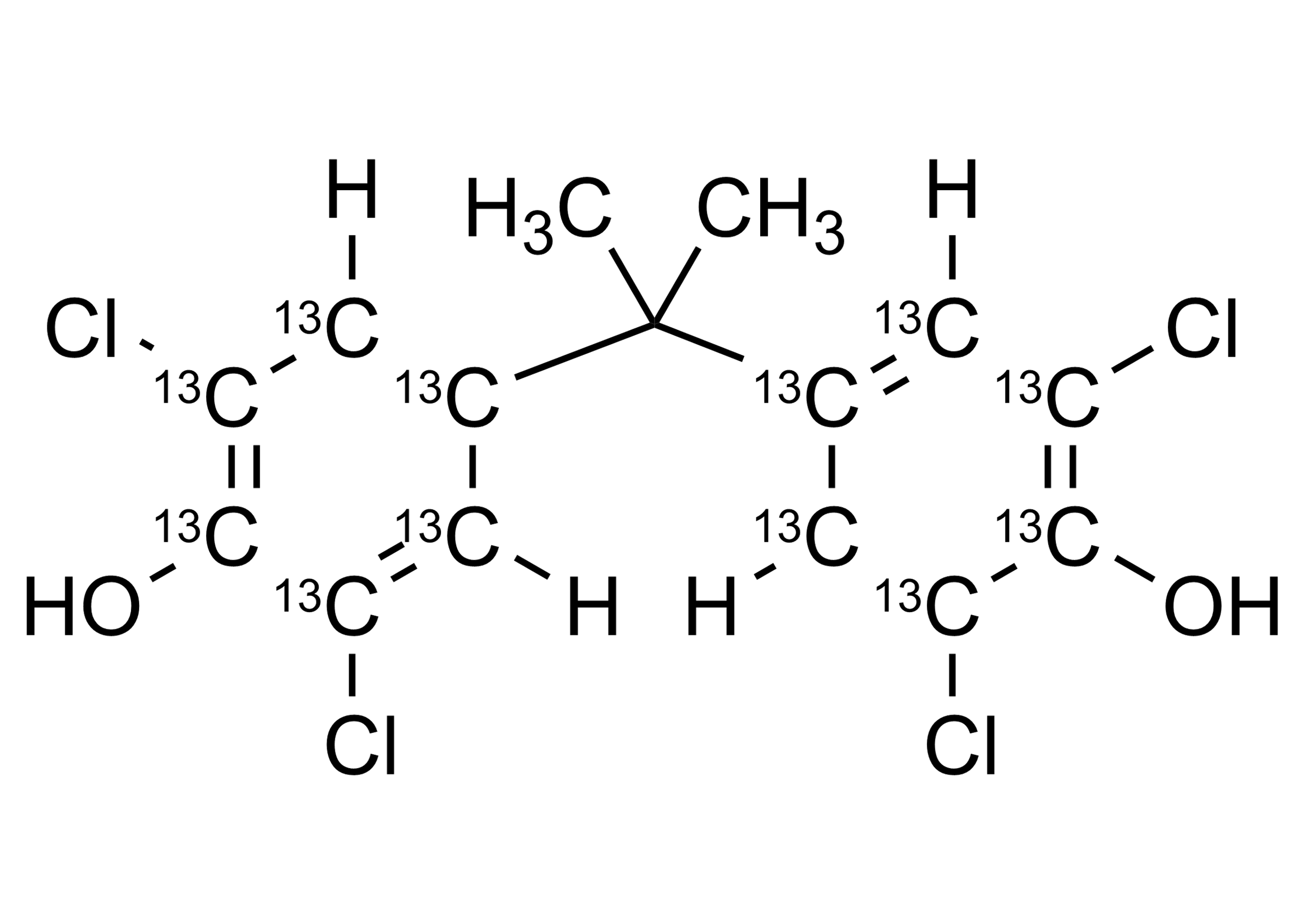 Molecular structure of Tetrachlorobisphenol A 13C12 reference standard for LC-MS/MS analysis