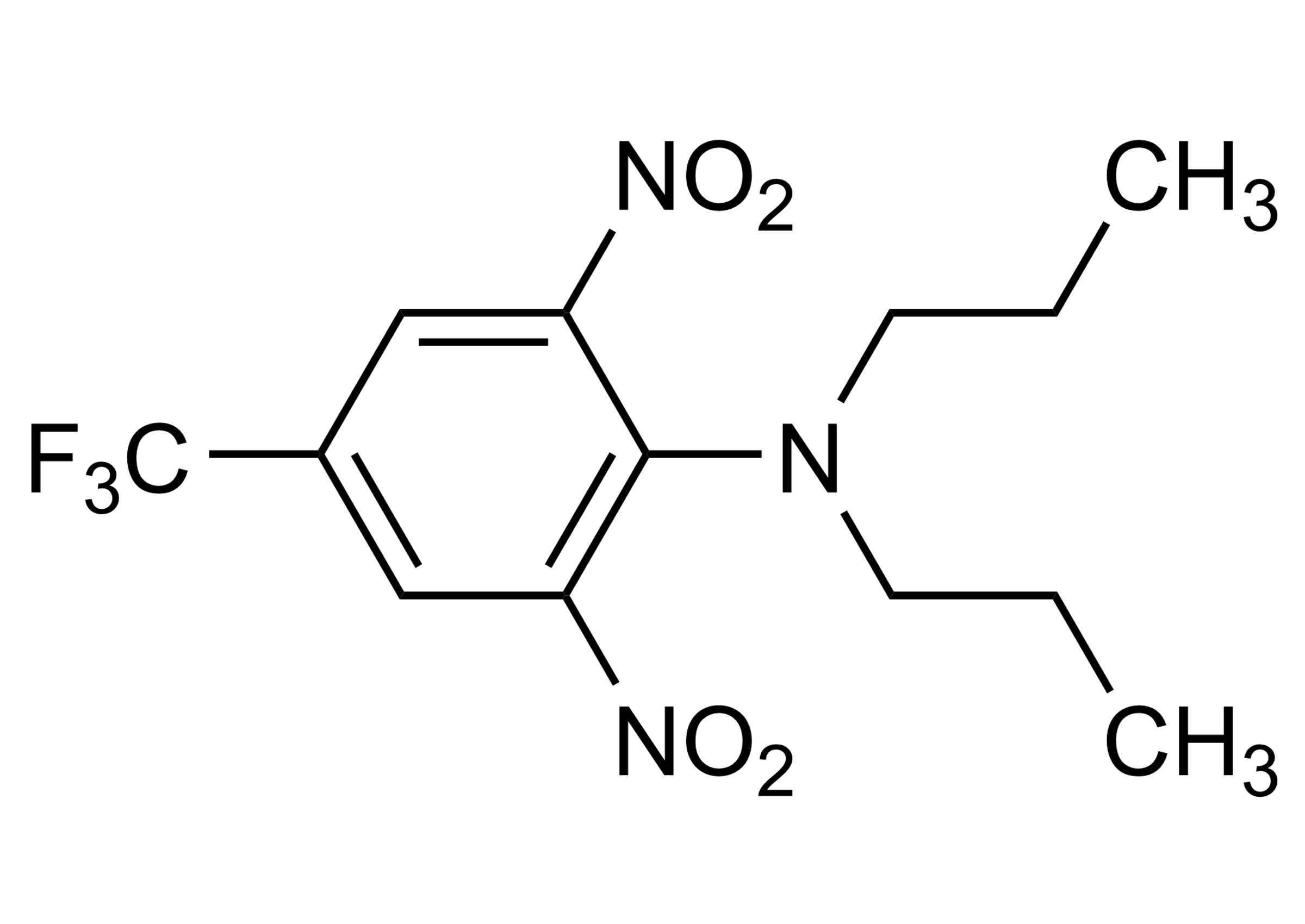 Trifluralin Reference Standard Molecular Structure (CAS 1582-09-8) Molecular structure of Trifluralin reference standard for LC-MS/MS and GC-MS analysis