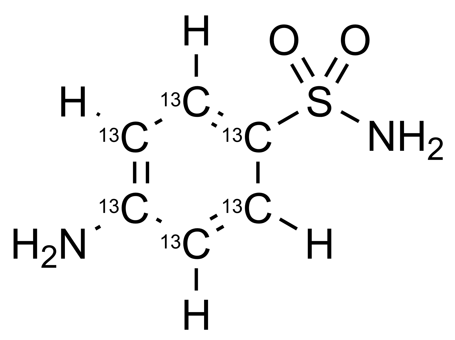 Molecular structure of Sulfanilamide-13C6 reference standard for LC-MS/MS and GC-MS (CAS 1196157-89-7)