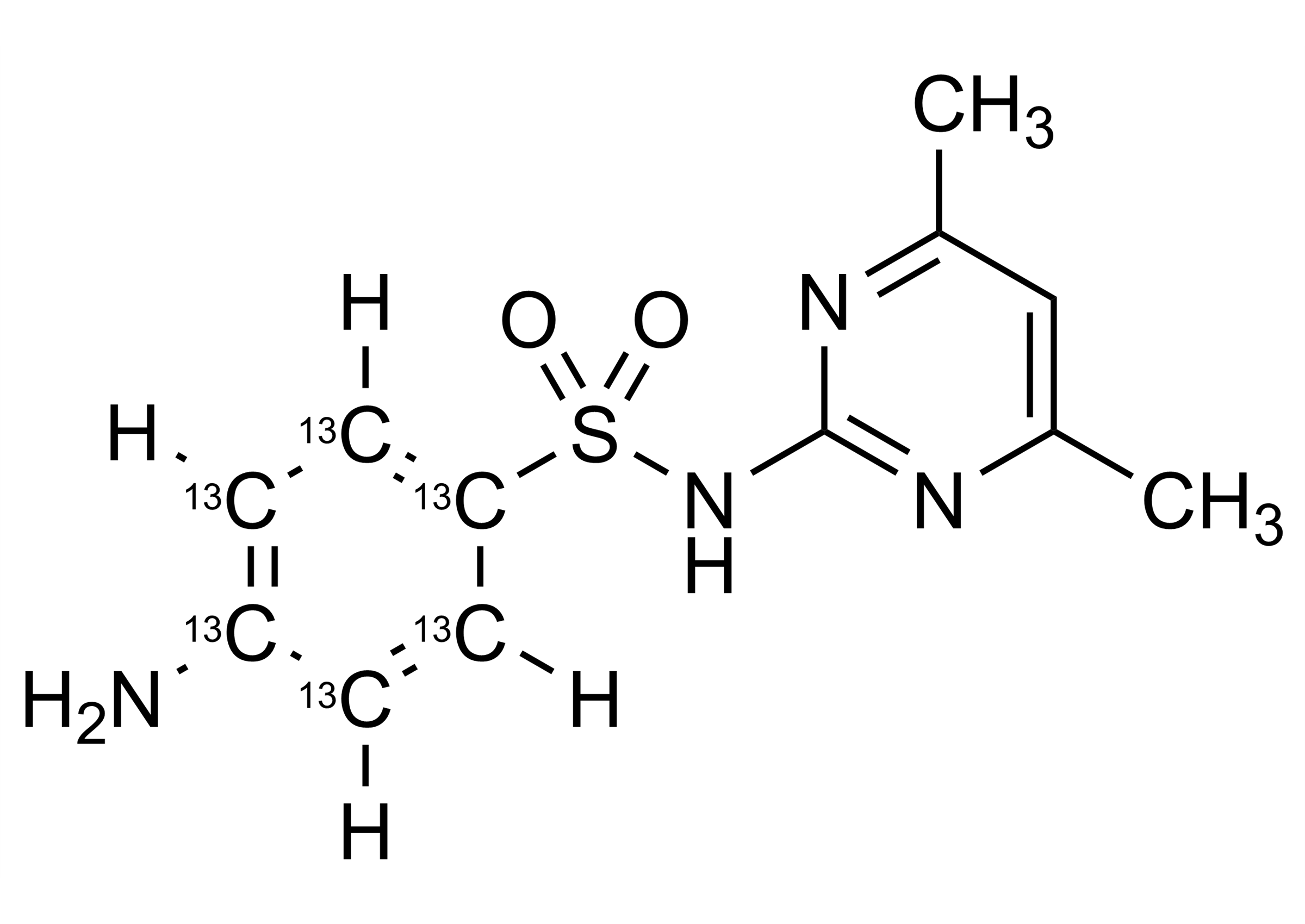 Sulfadimidine-13C6 Hemihydrate Reference Standard Structure Molecular structure of Sulfadimidine-13C6 hemihydrate reference standard for LC-MS/MS and GC-MS
