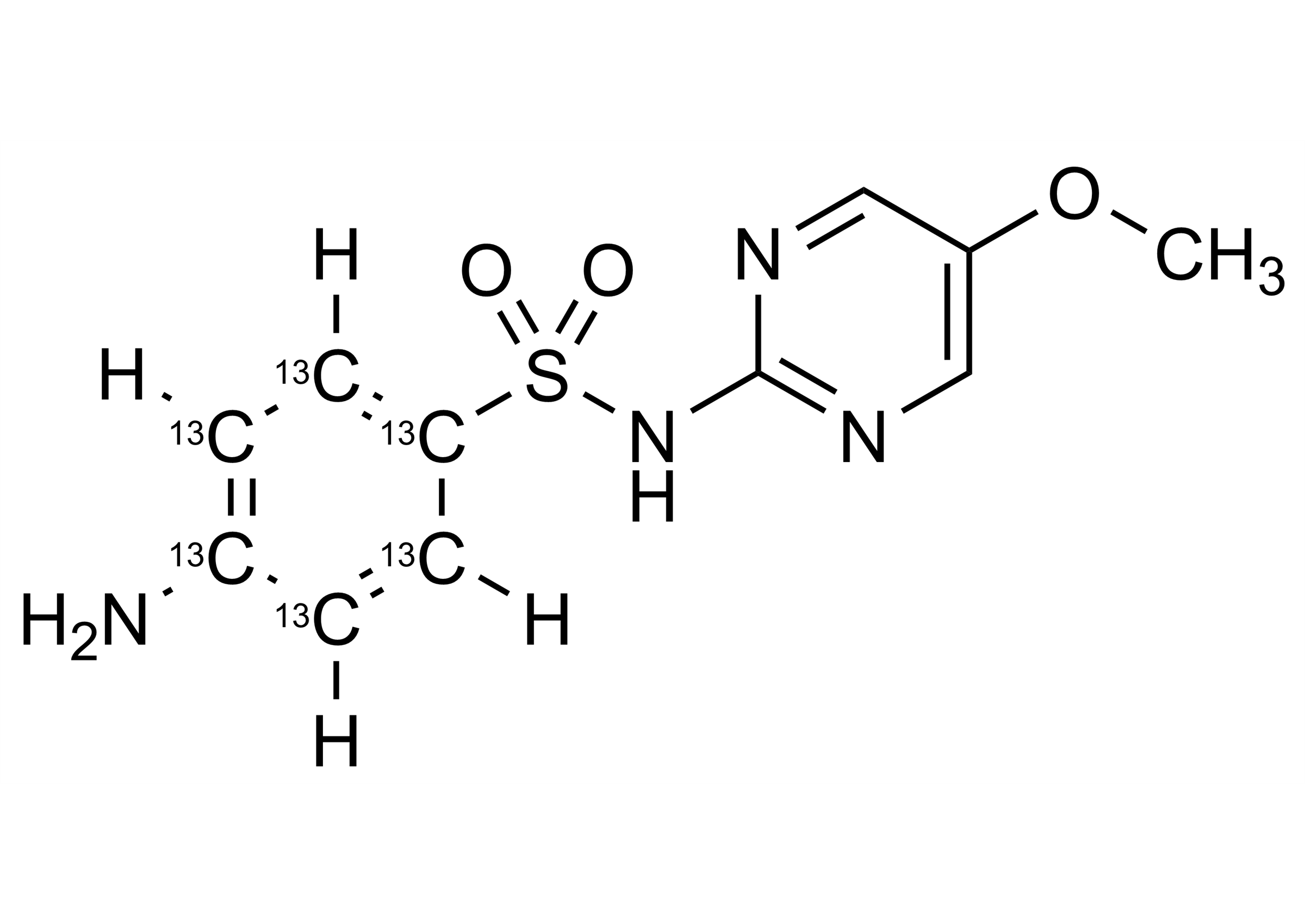 Sulfameter-13C6 Sulfametoxydiazine-13C6 Reference Standard Structure Sulfameter-13C6 Sulfametoxydiazine-13C6 molecular structure reference standard from WITEGA Laboratorien Berlin-Adlershof GmbH