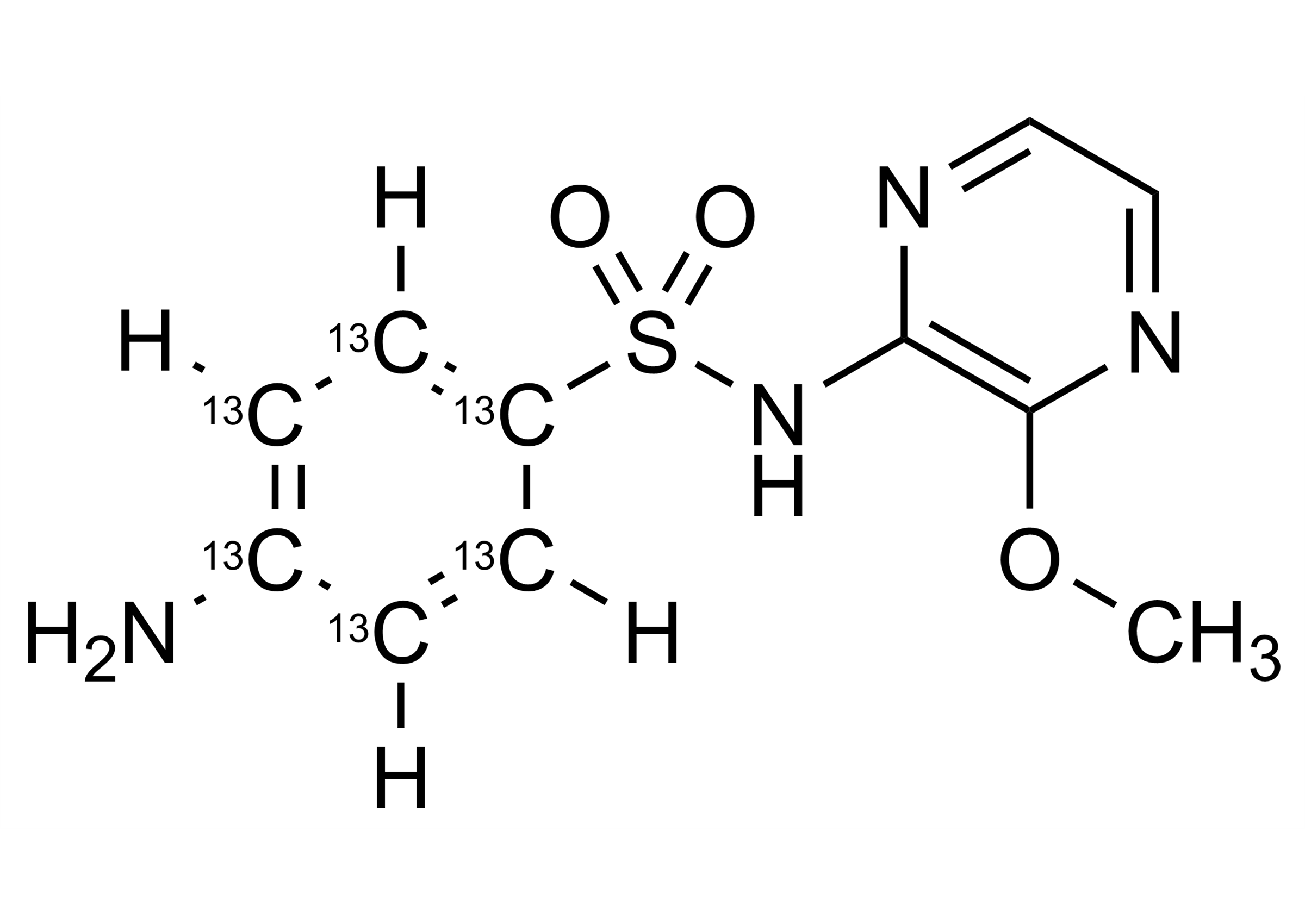Sulfalene-13C6 Sulfamethoxypyrazine-13C6 Reference Standard Structure Sulfalene-13C6 Sulfamethoxypyrazine-13C6 reference standard molecular structure for LC-MS/MS and GC-MS calibration