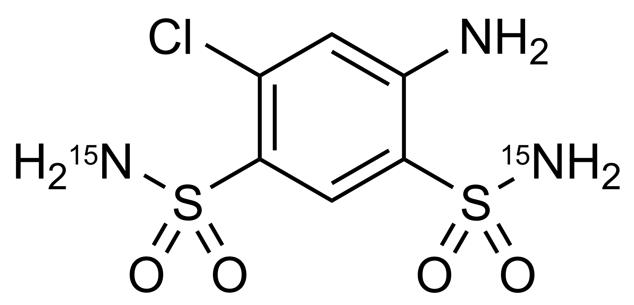 4 Amino 6 chloro 1 3 benzenedisulfonamide 15N2 Reference Standard CAS 446877-58-3 Molecular structure of 4 Amino 6 chloro 1 3 benzenedisulfonamide 15N2 reference standard (CAS 446877-58-3) for LC MS MS and GC MS