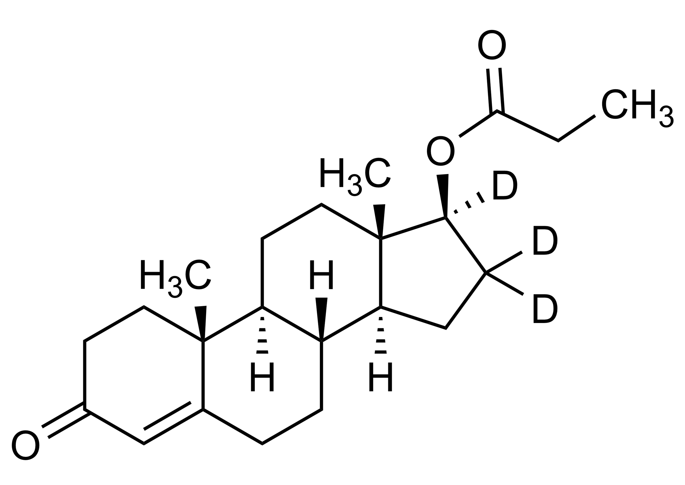 Molecular structure of Testosterone-16,16,17-D3 propionate reference standard (CAS 876054-54-5) for LC-MS/MS and GC-MS analysis