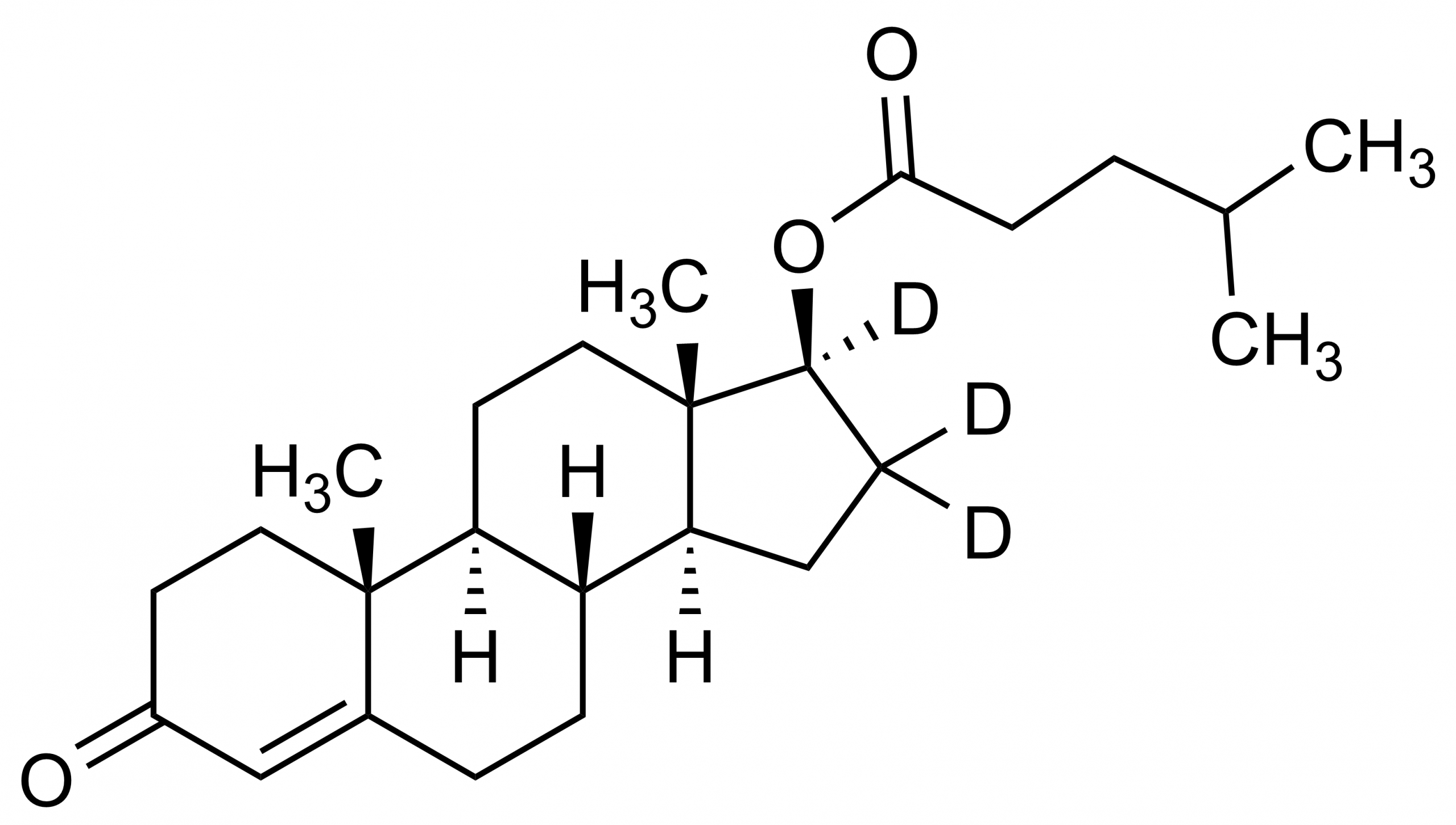 Molecular structure of Testosterone-16,16,17-D3-isocaproate reference standard for LC-MS/MS and GC-MS calibration
