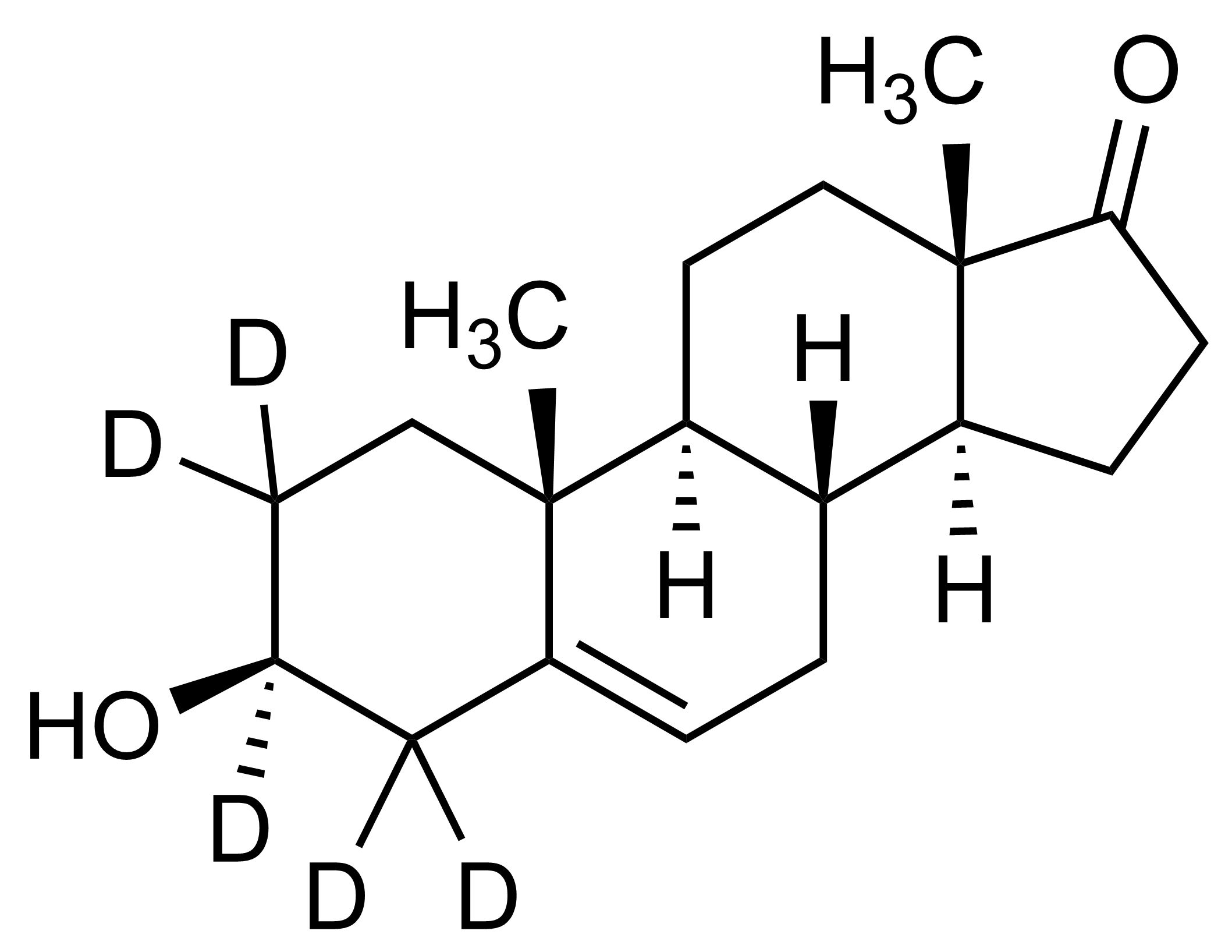 Dehydroepiandrosterone-D5 Reference Standard Molecular Structure Molecular structure of Dehydroepiandrosterone-D5 reference standard with isotopic purity greater than 87 atom percent D, CAS 97453-25-3