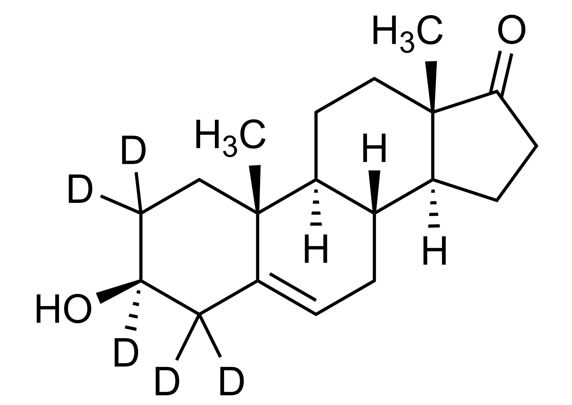 Molecular structure of Dehydroepiandrosterone-D5 reference standard with isotopic purity greater than 87 atom percent D, CAS 97453-25-3
