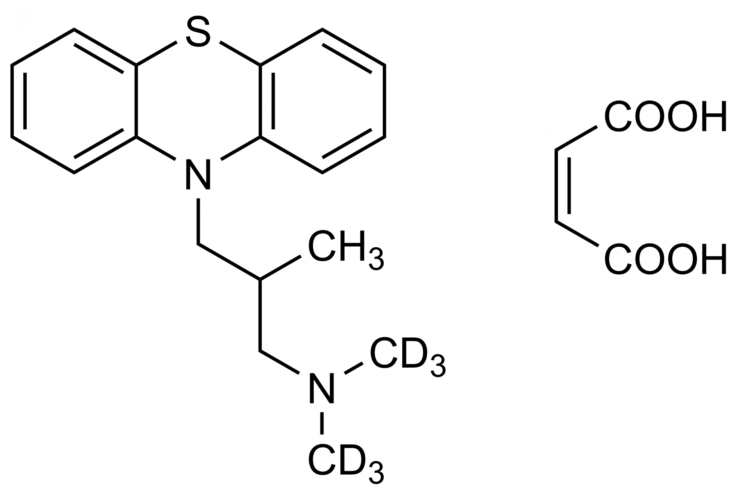 Molecular Structure of Alimemazine-D6 Maleate Reference Standard Molecular structure of Alimemazine-D6 maleate reference standard for LC-MS/MS and GC-MS calibration